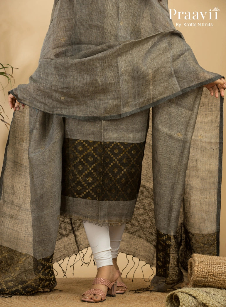 Grey Pure Linen Unstitched Jamdani Suit 2-Piece Set
