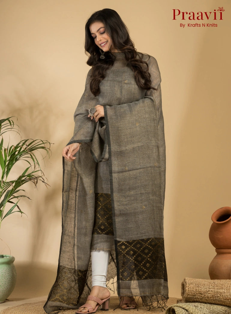 Grey Pure Linen Unstitched Jamdani Suit 2-Piece Set