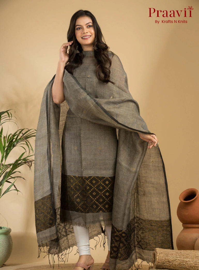 Grey Pure Linen Unstitched Jamdani Suit 2-Piece Set