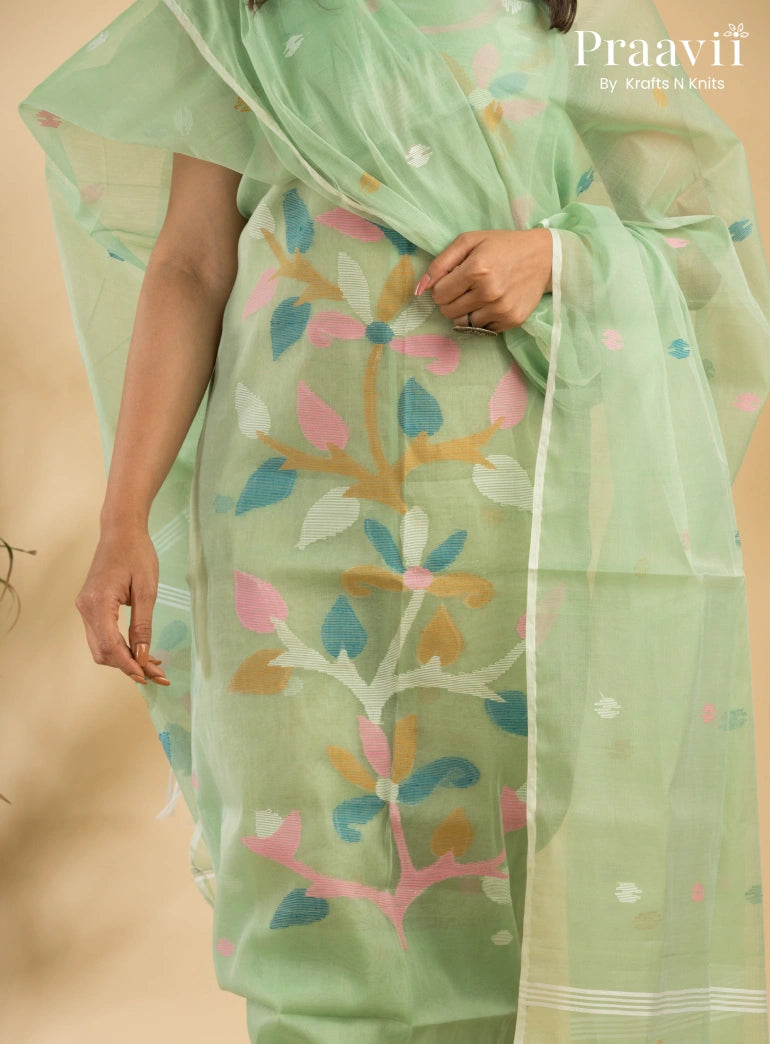Mint Green Muslin Unstitched Jamdani Suit 2-Piece Set