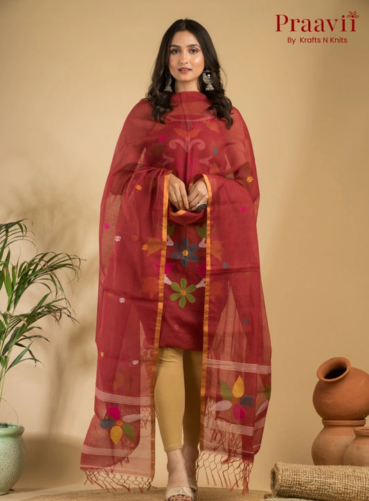 Sienna Color Muslin Unstitched Jamdani Suit 2-Piece Set