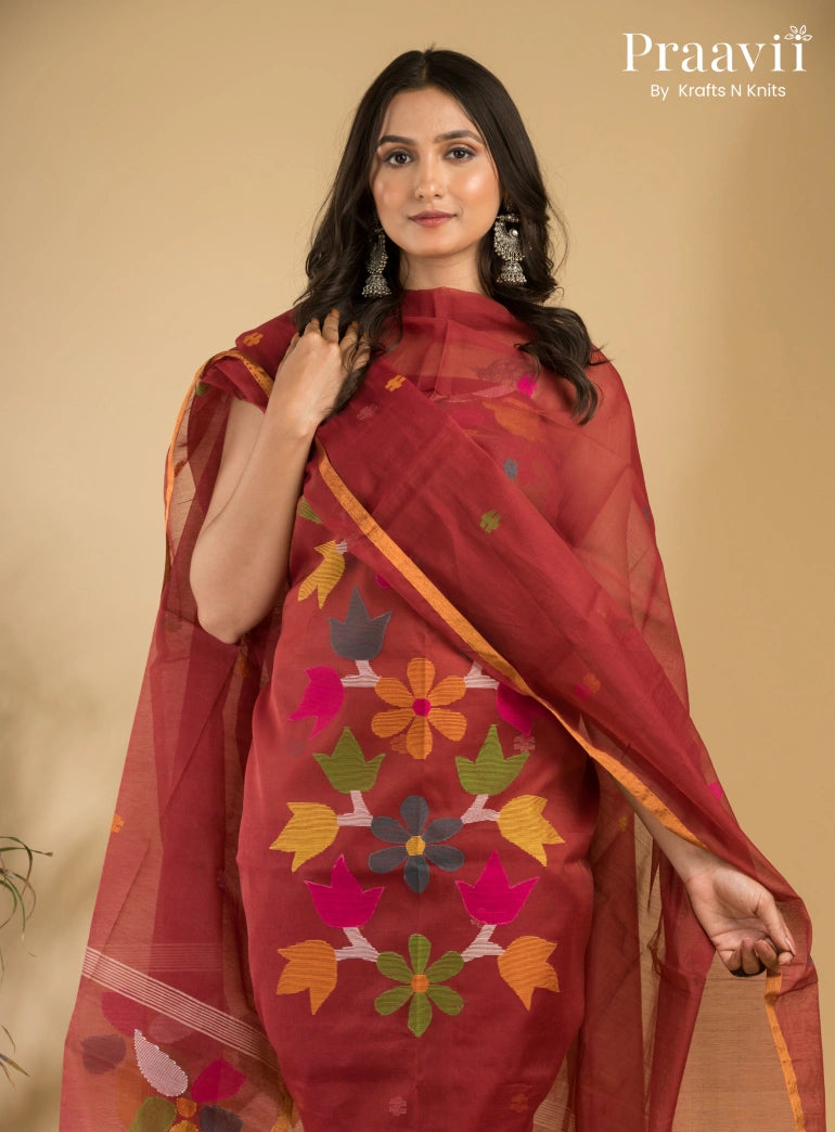 Sienna Color Muslin Unstitched Jamdani Suit 2-Piece Set