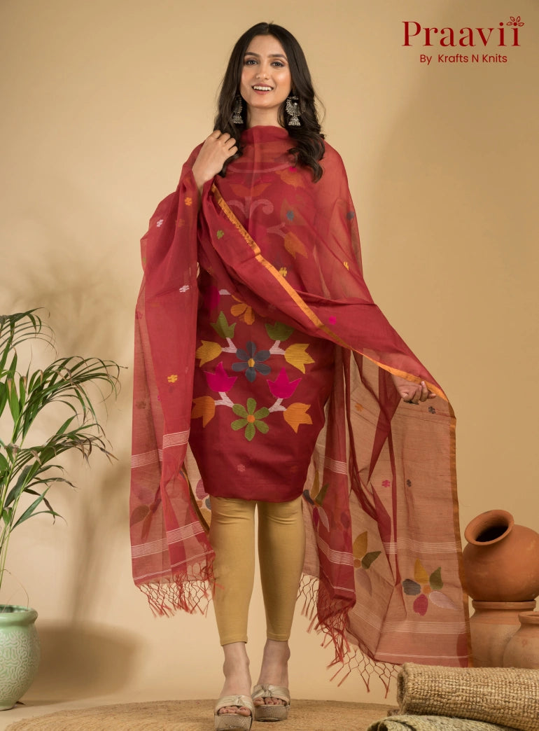 Sienna Color Muslin Unstitched Jamdani Suit 2-Piece Set