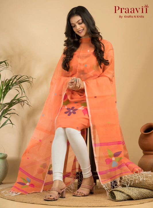 Bright Orange Muslin Unstitched Jamdani Suit 2-Piece Set