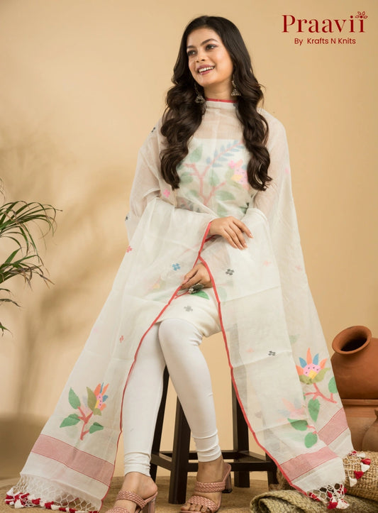 White Muslin Unstitched Jamdani Suit 2-Piece Set
