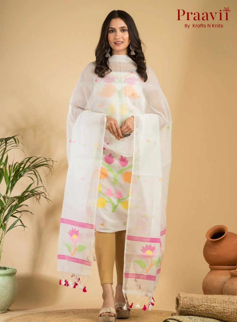 White Muslin Unstitched Jamdani Suit 2-Piece Set