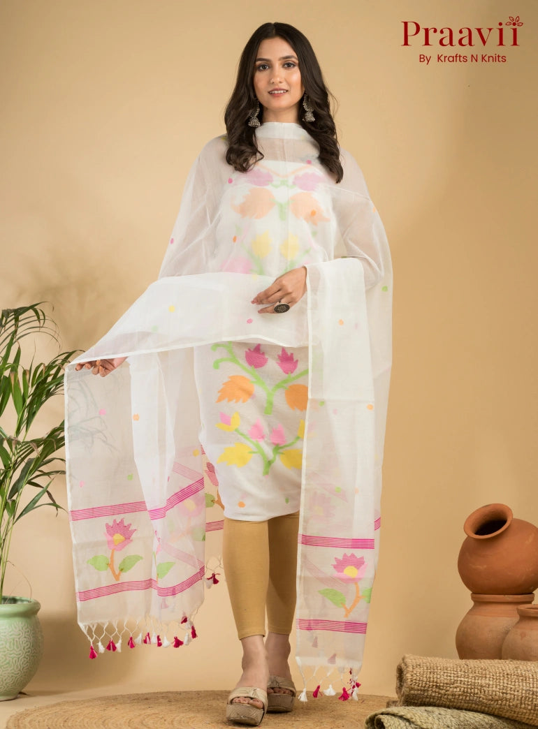White Muslin Unstitched Jamdani Suit 2-Piece Set