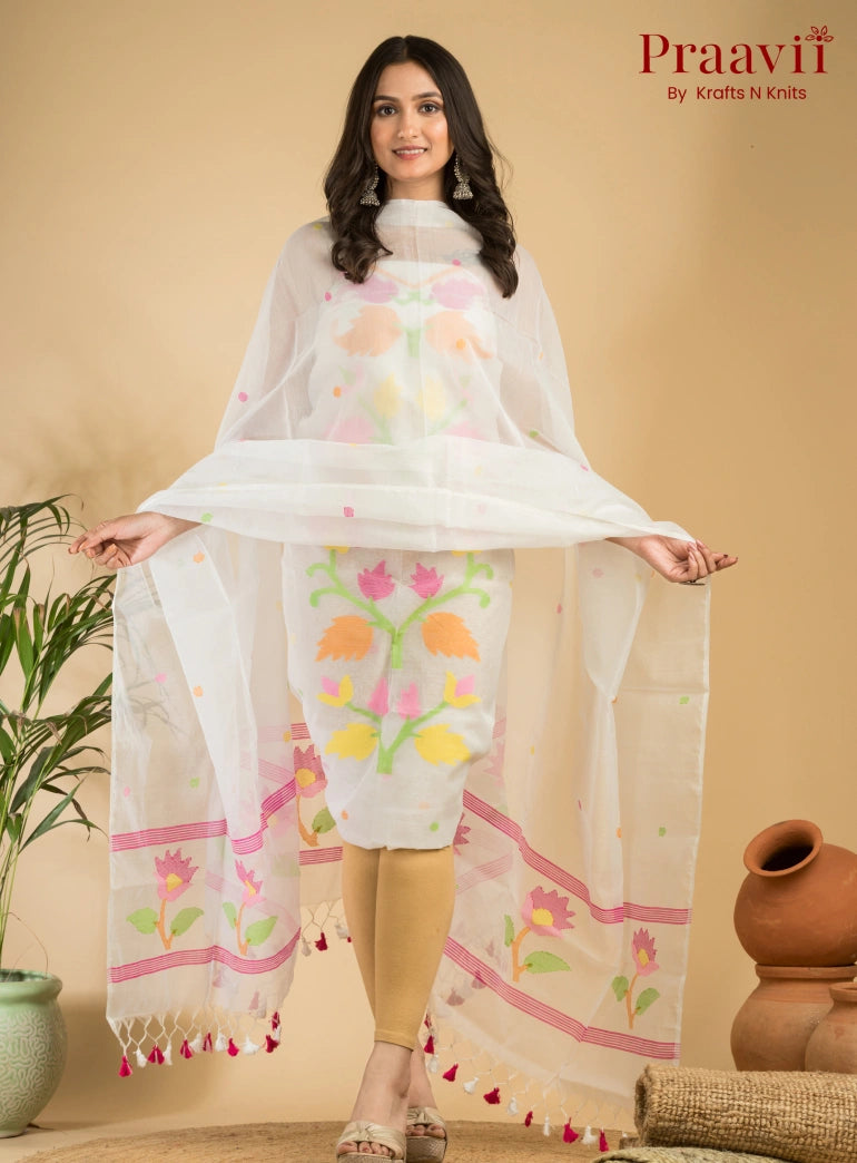 White Muslin Unstitched Jamdani Suit 2-Piece Set