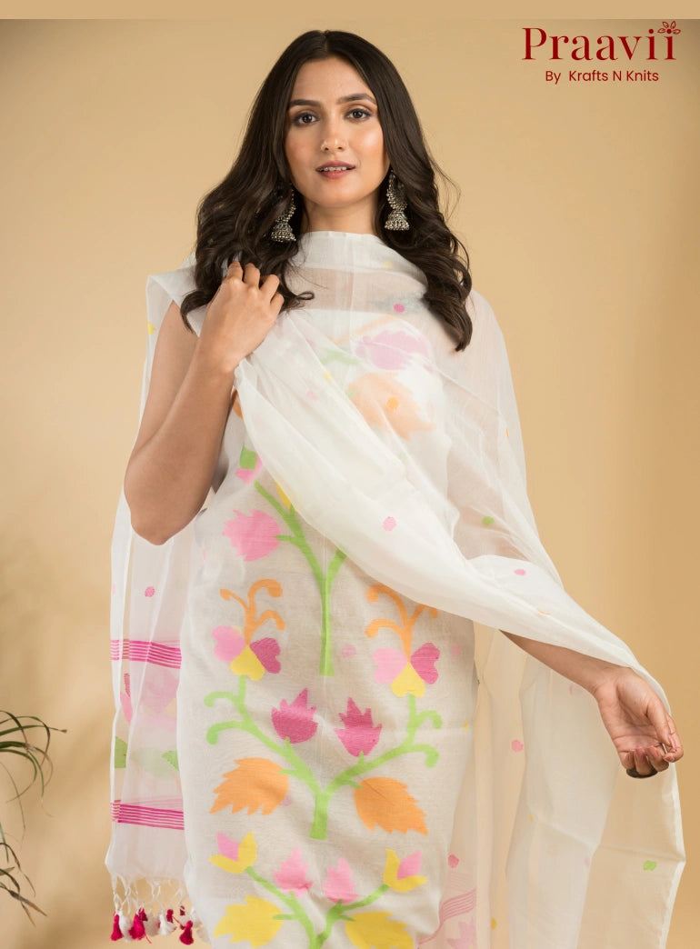 White Muslin Unstitched Jamdani Suit 2-Piece Set