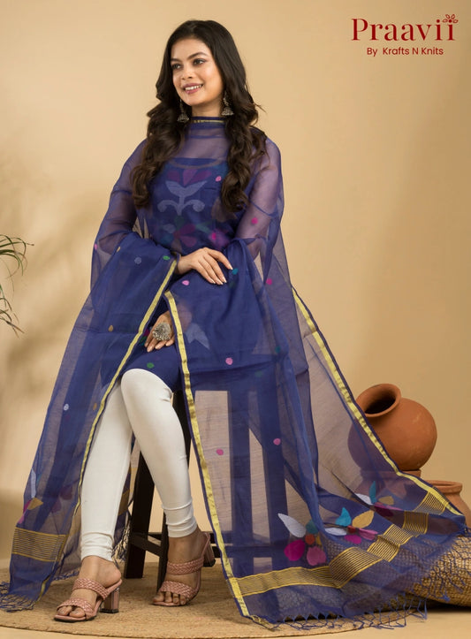 Indigo Blue Muslin Unstitched Jamdani Suit 2-Piece Set