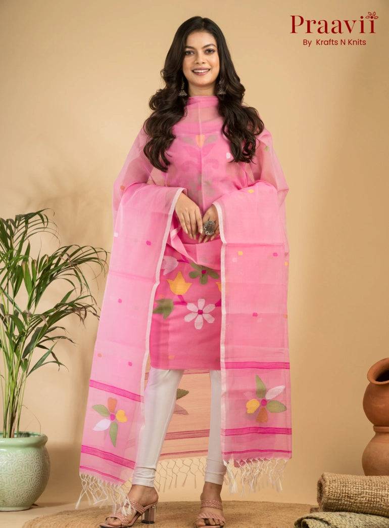 Soft Pink Muslin Unstitched Jamdani Suit 2-Piece Set