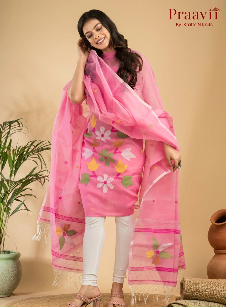 Soft Pink Muslin Unstitched Jamdani Suit 2-Piece Set
