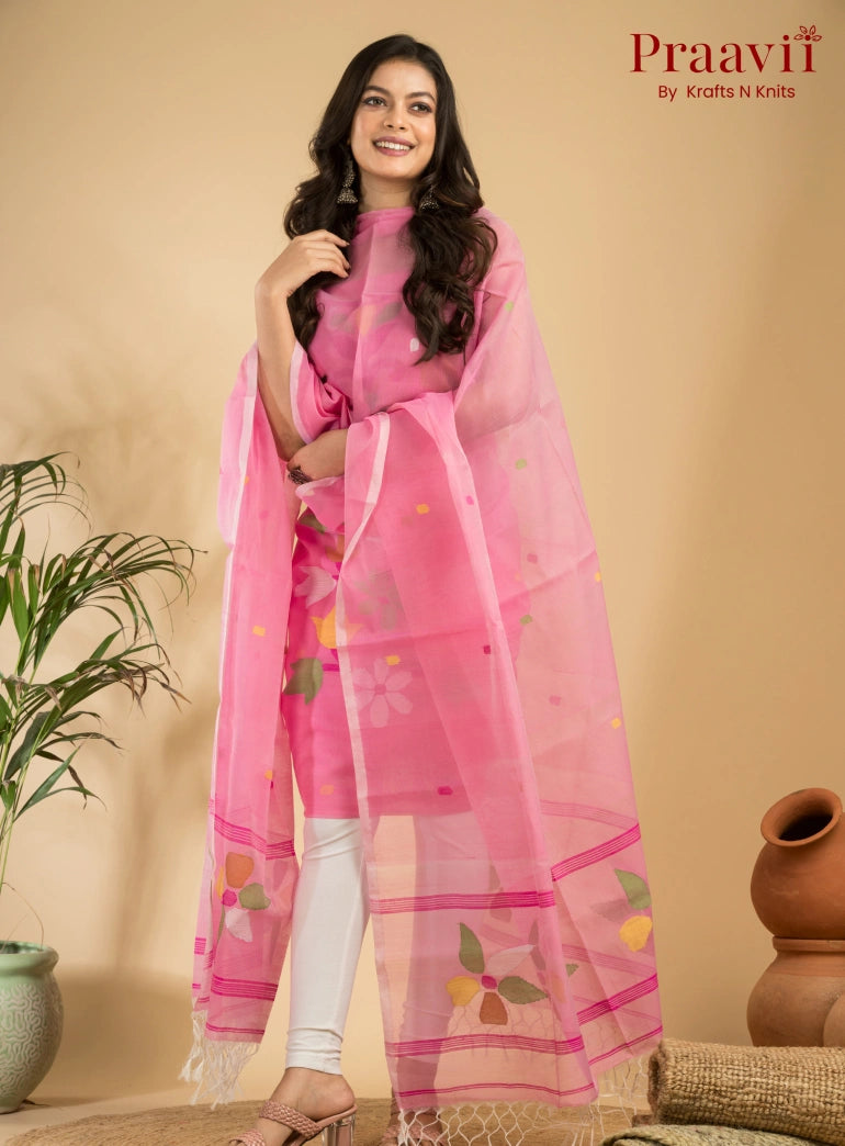 Soft Pink Muslin Unstitched Jamdani Suit 2-Piece Set