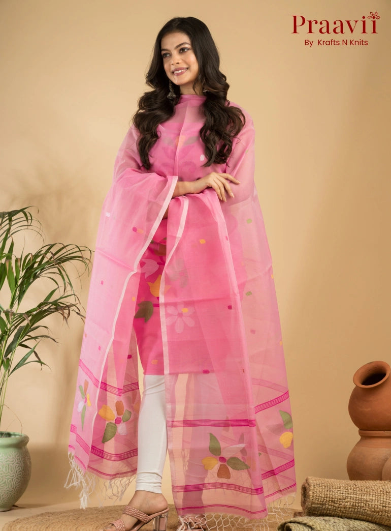 Soft Pink Muslin Unstitched Jamdani Suit 2-Piece Set