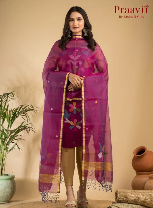 Magenta Colour Muslin Unstitched Jamdani Suit 2-Piece Set