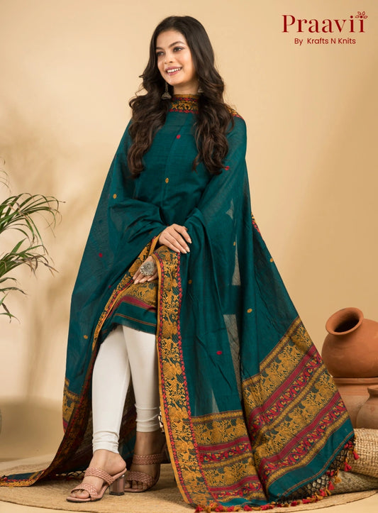 Pure Cotton Army Green Baluchari Jamdani Unstitched 2-Piece Set
