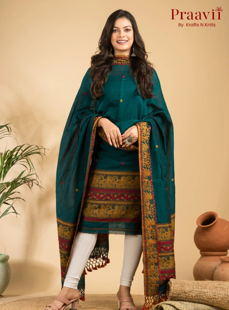Pure Cotton Army Green Baluchari Jamdani Unstitched 2-Piece Set