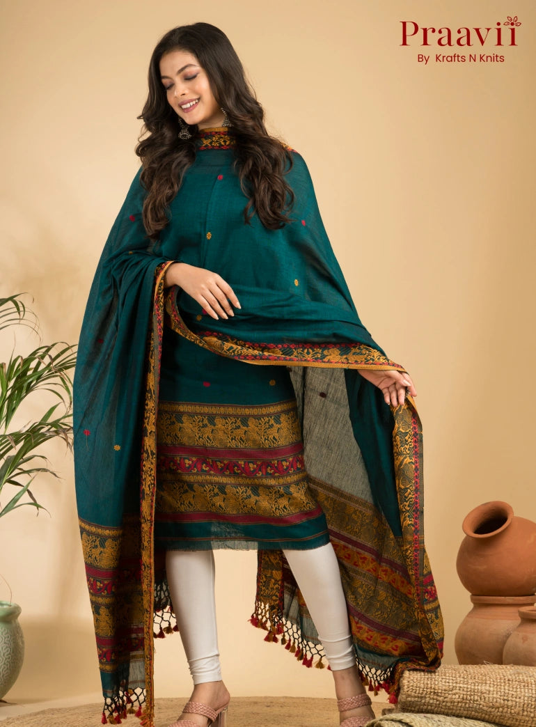 Pure Cotton Army Green Baluchari Jamdani Unstitched 2-Piece Set