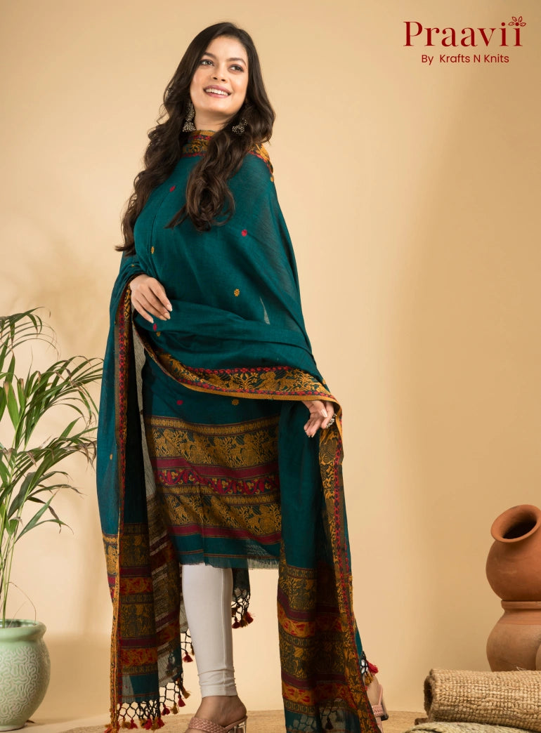 Pure Cotton Army Green Baluchari Jamdani Unstitched 2-Piece Set