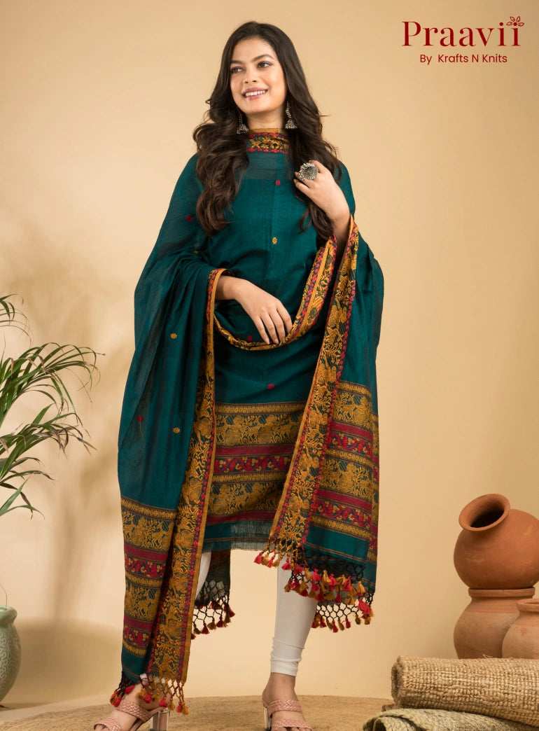 Pure Cotton Army Green Baluchari Jamdani Unstitched 2-Piece Set