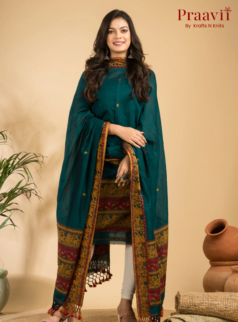 Pure Cotton Army Green Baluchari Jamdani Unstitched 2-Piece Set