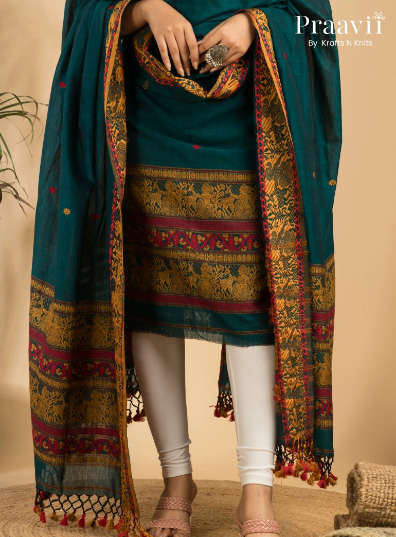 Pure Cotton Army Green Baluchari Jamdani Unstitched 2-Piece Set