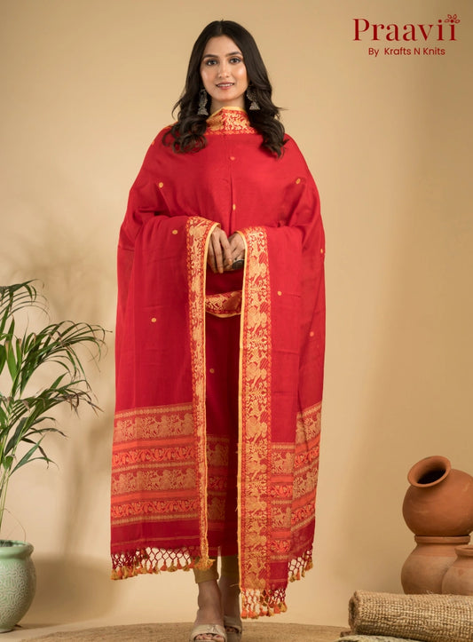 Pure Cotton Scarlet Bloom Baluchari Jamdani Unstitched 2-Piece Set