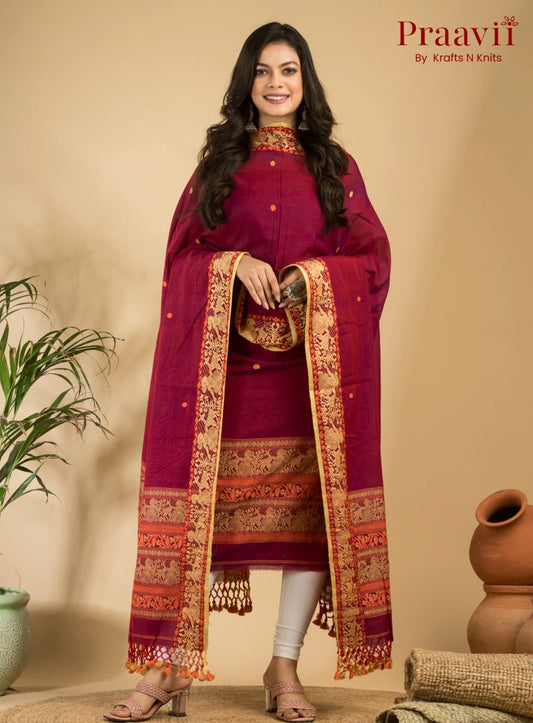 Pure Cotton Deep Maroon Baluchari Jamdani Unstitched 2-Piece Set