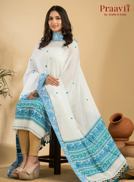 Pure Cotton White & Blue Baluchari Jamdani Unstitched 2-Piece Set