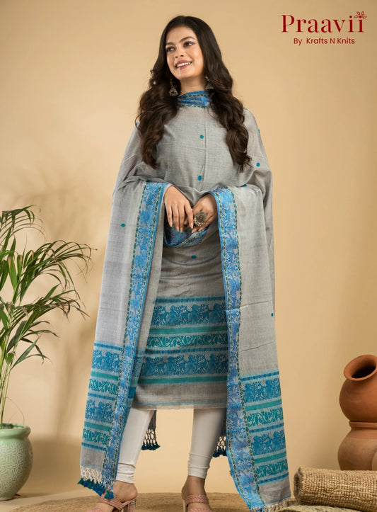 Pure Cotton Grey & Blue Baluchari Jamdani Unstitched 2-Piece Set
