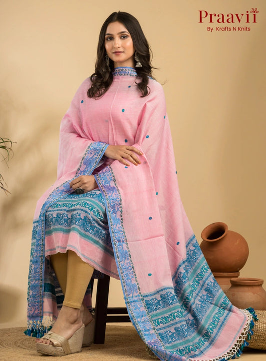 Pure Cotton Pink & Blue Baluchari Jamdani Unstitched 2-Piece Set