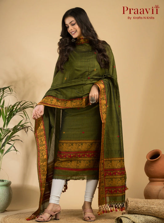 Pure Cotton Olive Green Baluchari Jamdani Unstitched 2-Piece Set