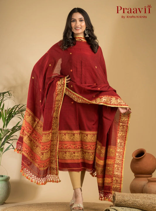 Pure Cotton Royal Maroon Baluchari Jamdani Unstitched 2-Piece Set