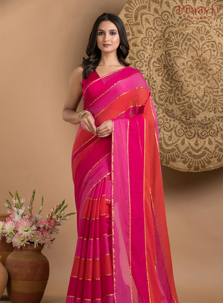 Pink & Orange Striped Mul Cotton Saree