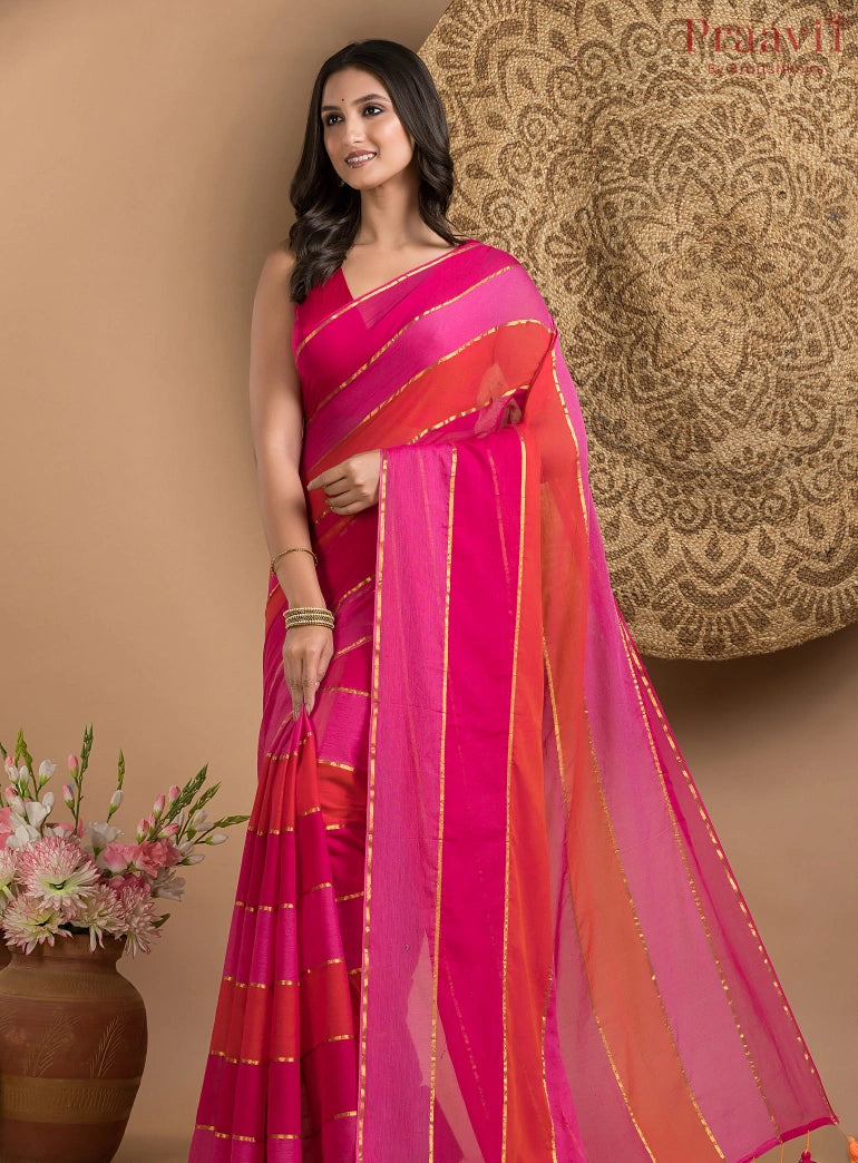 Pink & Orange Striped Mul Cotton Saree