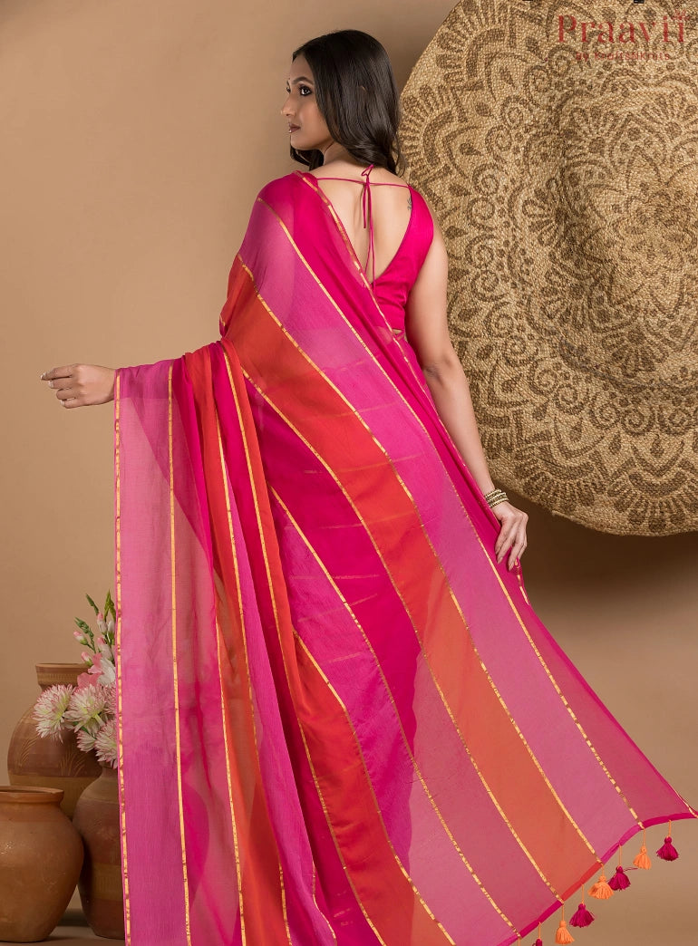 Pink & Orange Striped Mul Cotton Saree