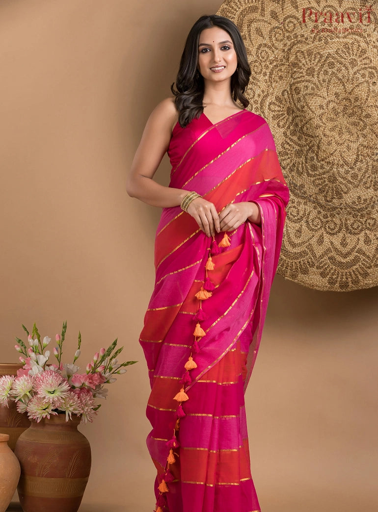 Pink & Orange Striped Mul Cotton Saree