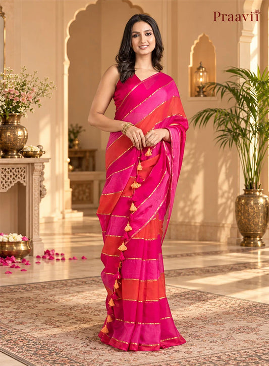Pink & Orange Striped Mulmul Cotton Saree