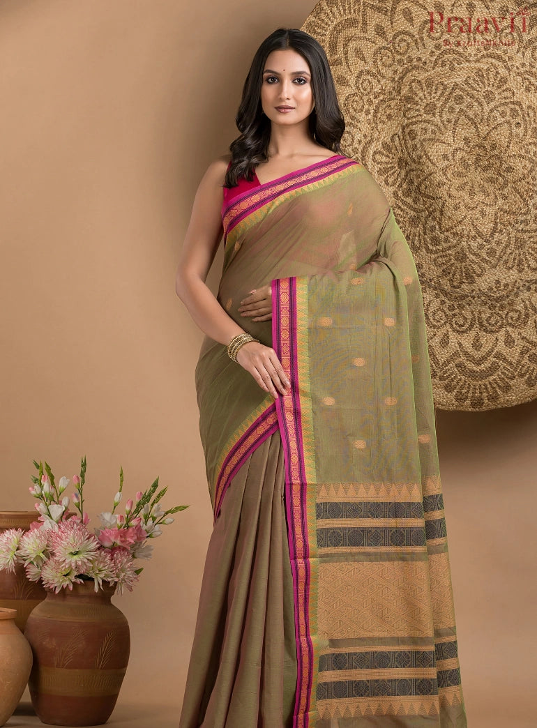 Olive Green Pure South Cotton Saree