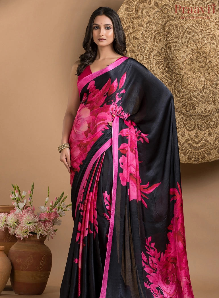 Black and Pink digital print Crepe Satin designer saree