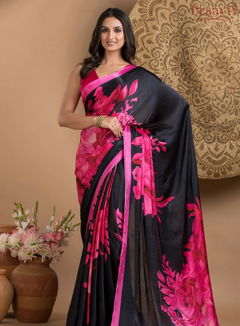 Black and Pink digital print Crepe Satin designer saree