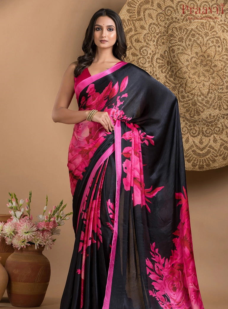 Black and Pink digital print Crepe Satin designer saree