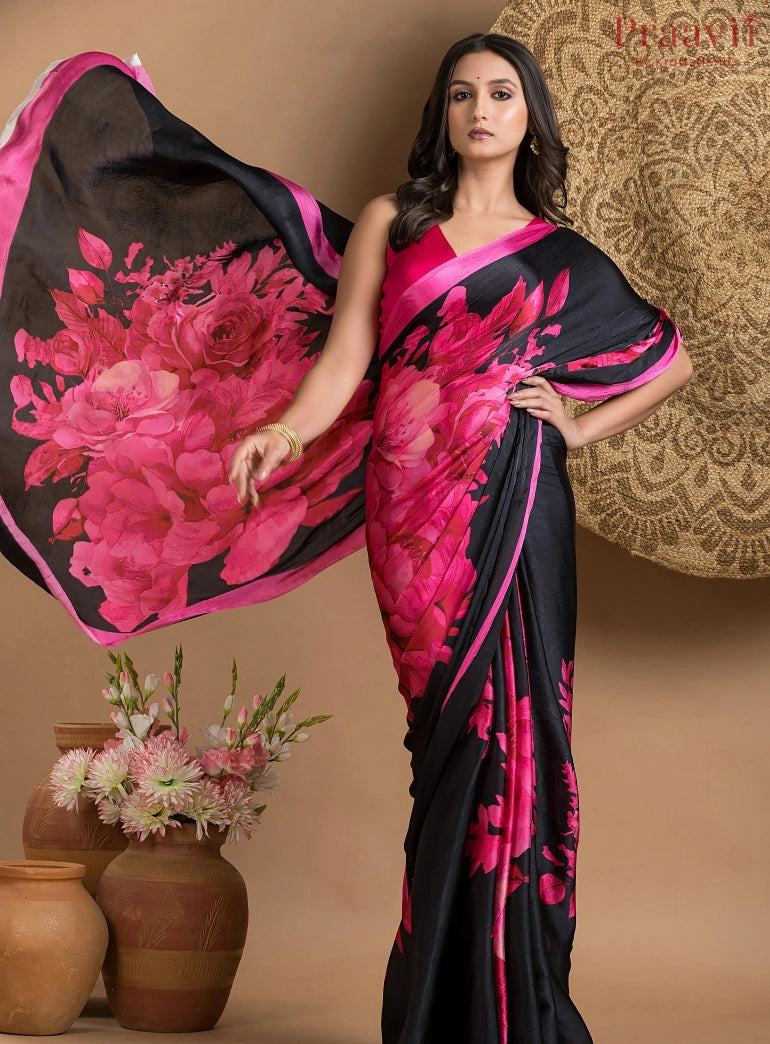 Black and Pink digital print Crepe Satin designer saree