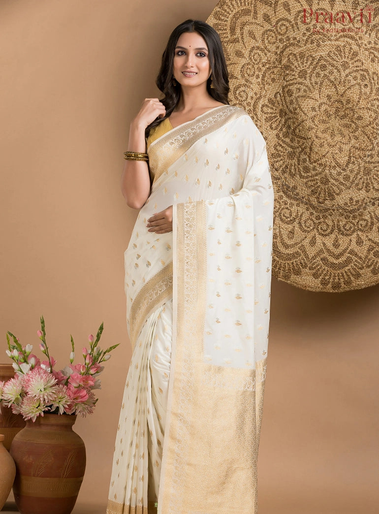 White Silk Saree with Gold and Silver Motif