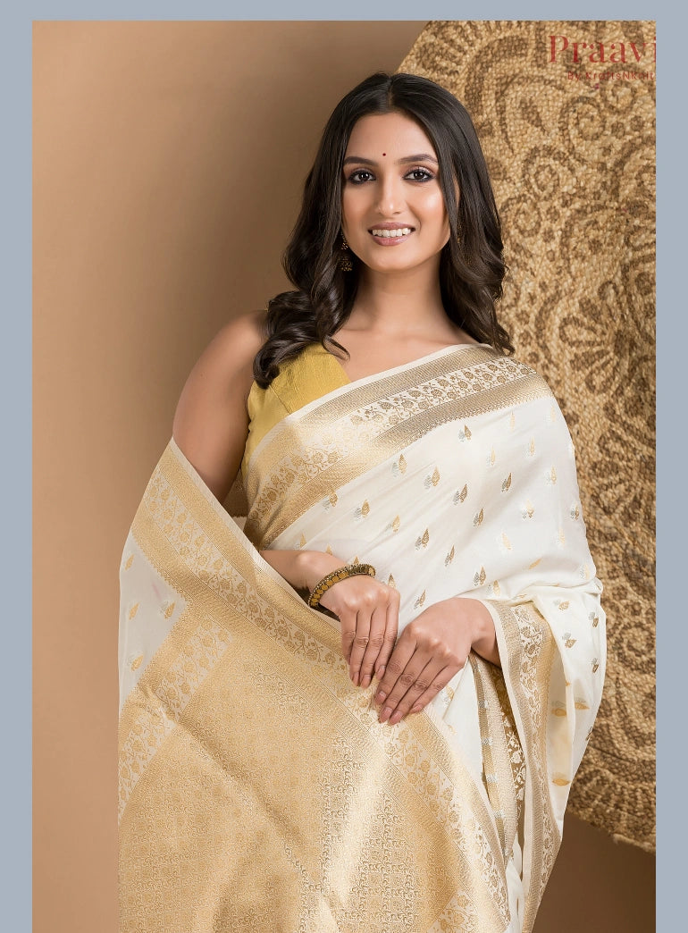White Silk Saree with Gold and Silver Motif