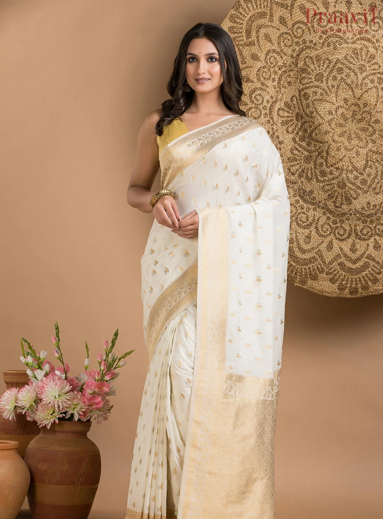 White Silk Saree with Gold and Silver Motif