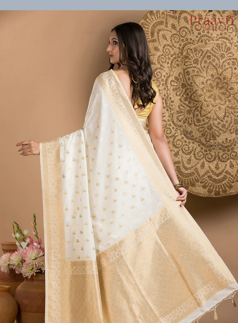 White Silk Saree with Gold and Silver Motif