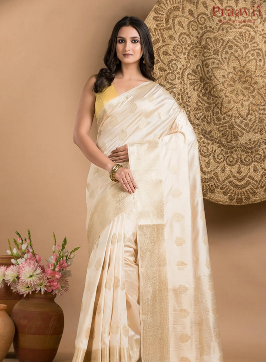 White Silk Saree with Gold Border and Butas
