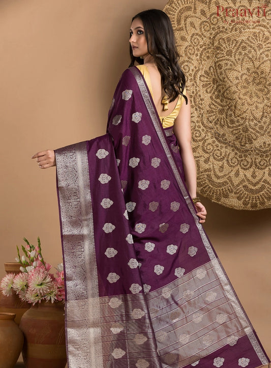 Dark Purple Silk Saree with Silver Border and Butas