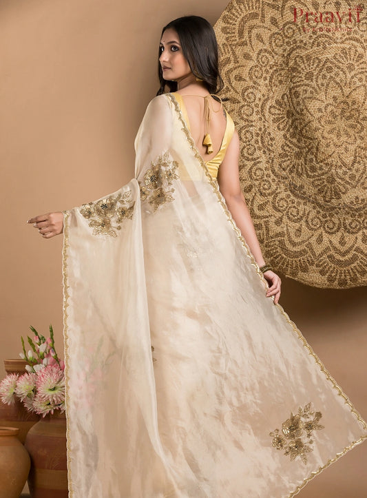 Cream Beige Pure Tissue Saree